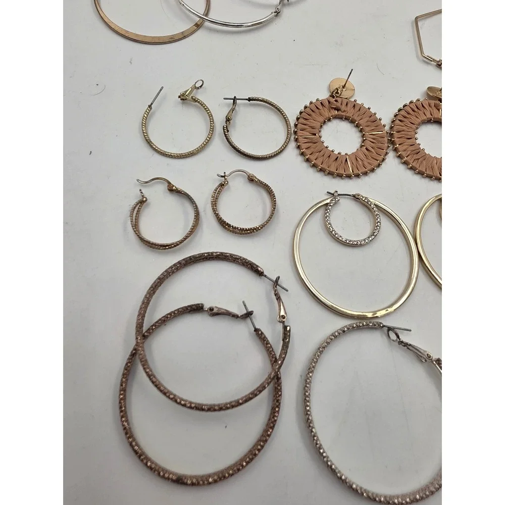 Hoop Earring Lot 12 Pairs Gold Silver Rose Gold Rhinestone Geometric Woven Set